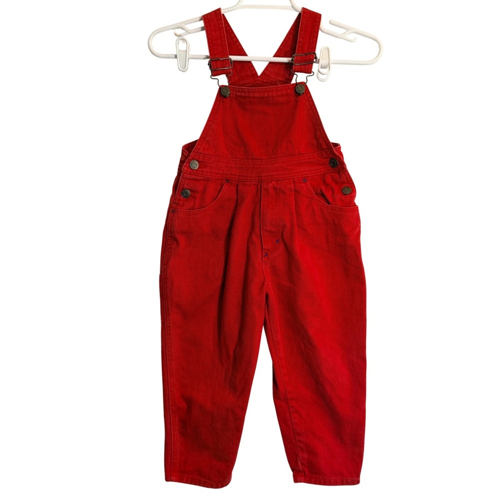 Vintage Jacadi Red Denim Overalls Toddler Size 4T Embroidered Pockets Cotton